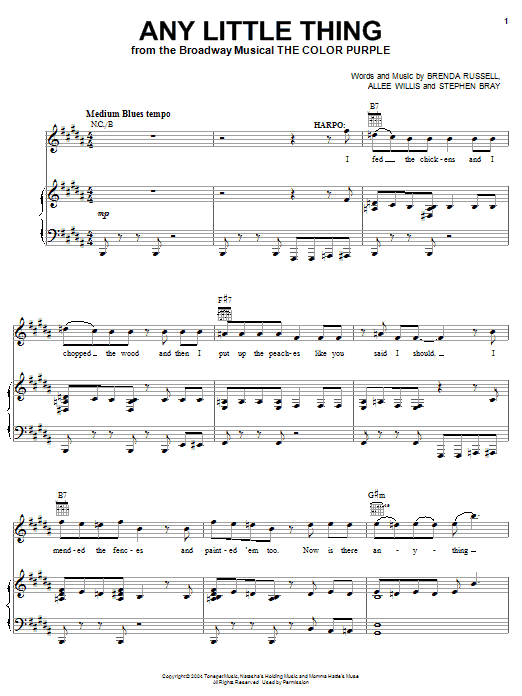 The Color Purple (Musical) Any Little Thing Sheet Music & Chords for Easy Piano - Download or Print PDF