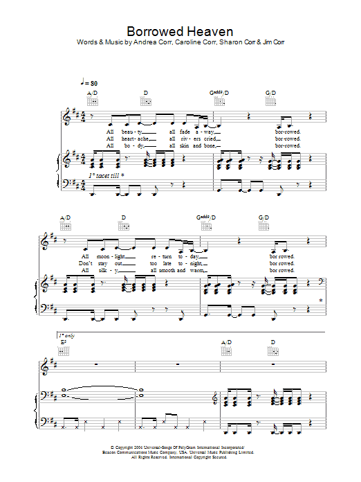 The Corrs Borrowed Heaven Sheet Music & Chords for Piano, Vocal & Guitar - Download or Print PDF