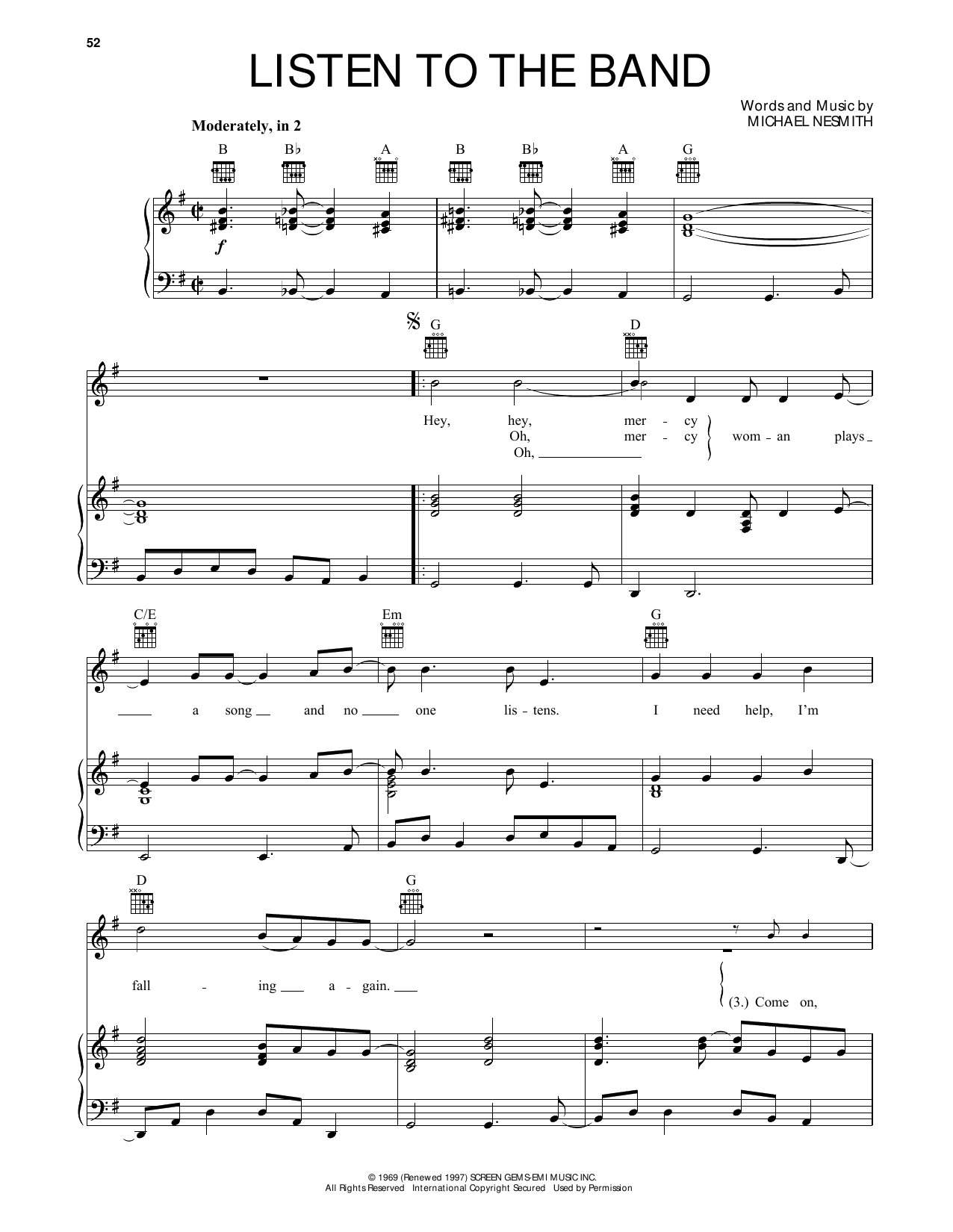 The Monkees Listen To The Band Sheet Music & Chords for Piano, Vocal & Guitar (Right-Hand Melody) - Download or Print PDF