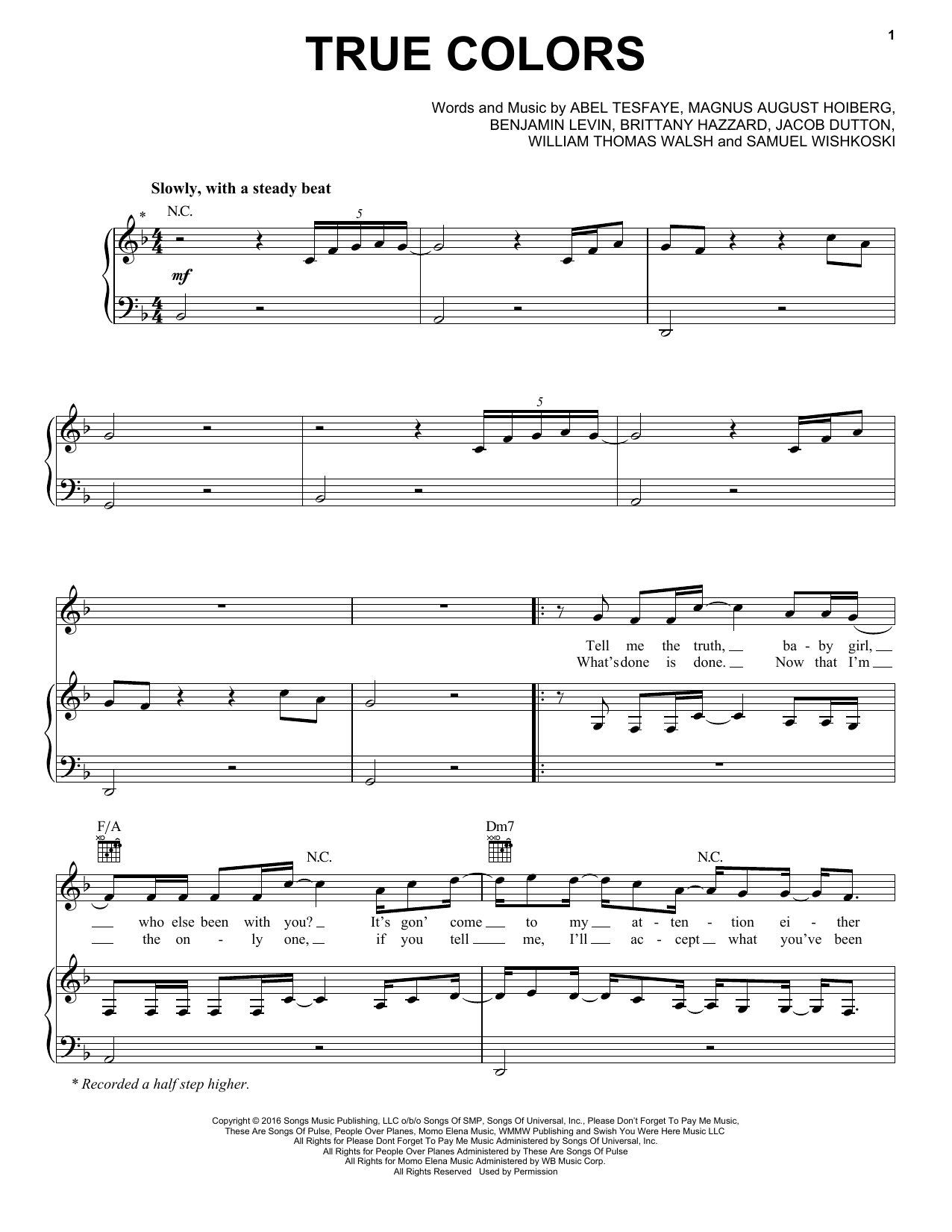 The Weeknd True Colors Sheet Music & Chords for Piano, Vocal & Guitar (Right-Hand Melody) - Download or Print PDF