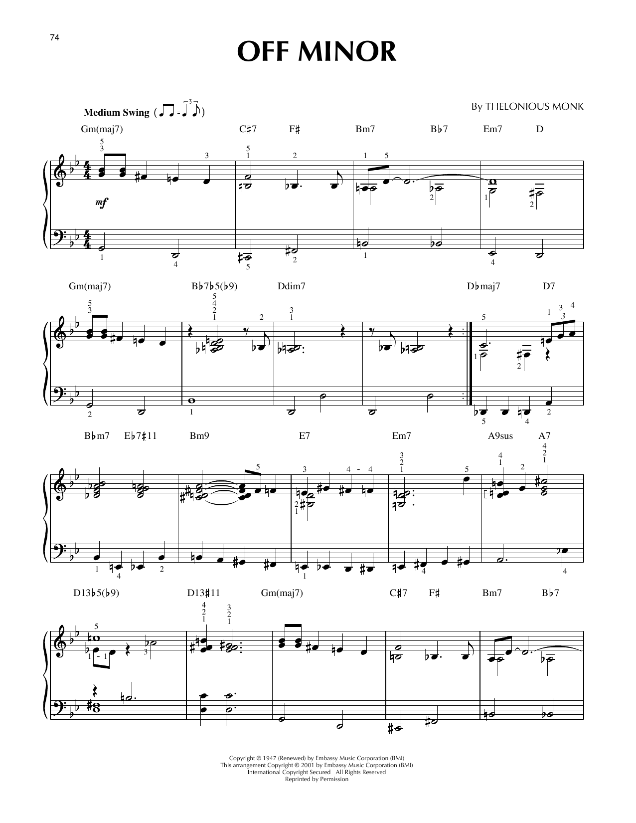 Thelonious Monk Off Minor (arr. Brent Edstrom & Jim Sodke) Sheet Music Notes & Chords for Piano Solo - Download or Print PDF Thelonious Monk Off Minor (arr. Brent Edstrom & Jim Sodke) Sheet Music & Chords for Piano Solo - Download or Print PDF
