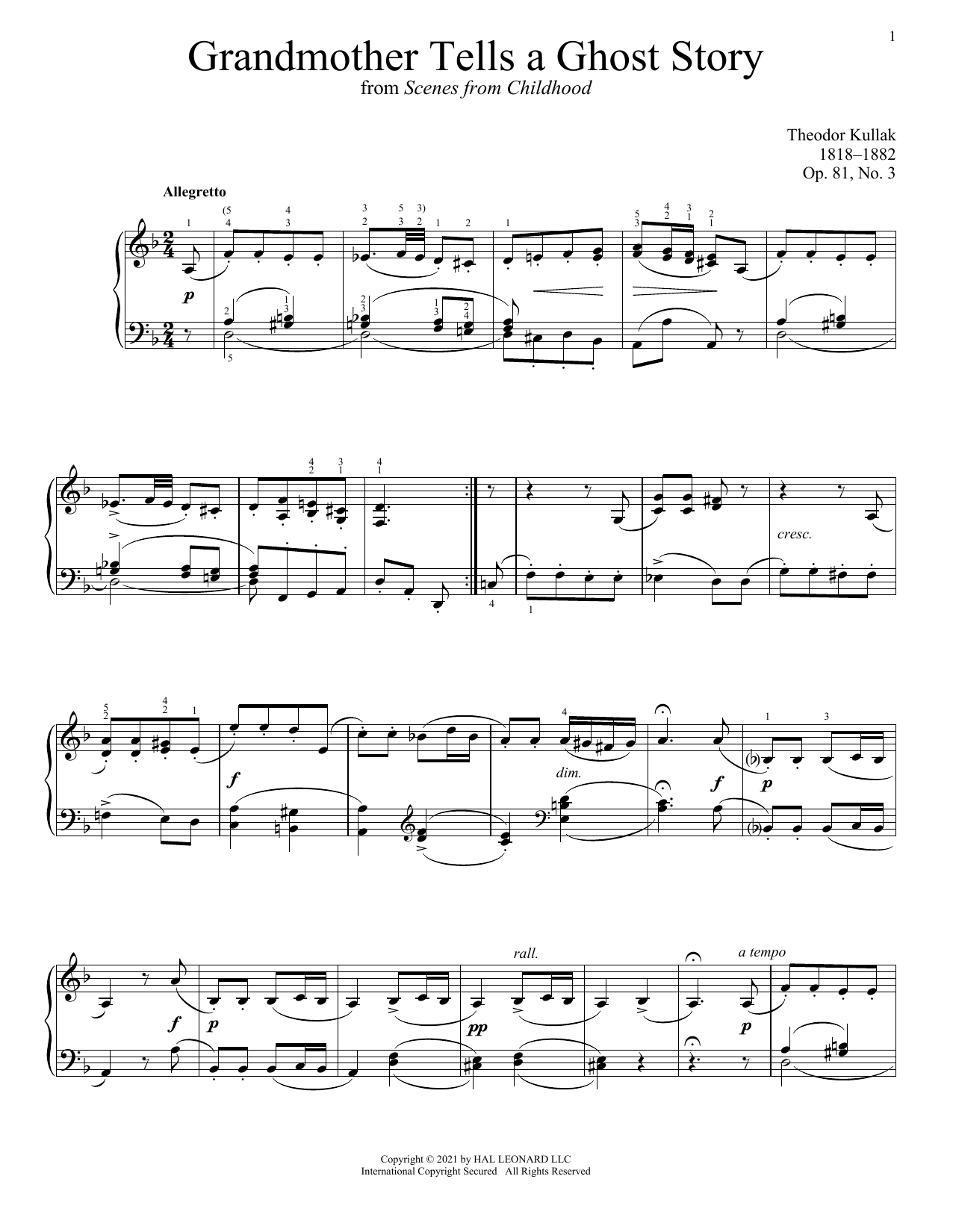 Theodor Kullak Grandmother Tells A Ghost Story, Op. 81, No. 3 Sheet Music & Chords for Piano Solo - Download or Print PDF