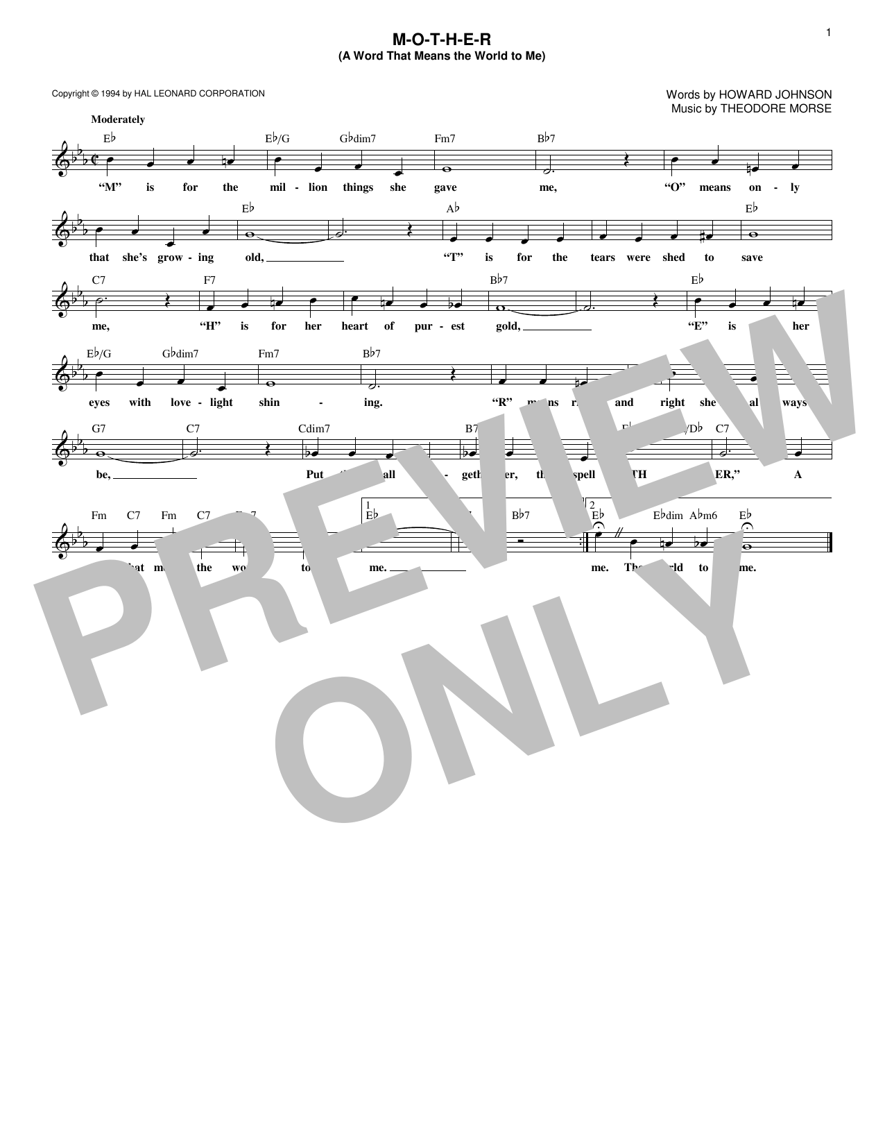 Theodore F. Morse M-O-T-H-E-R (A Word That Means The World To Me) Sheet Music & Chords for Melody Line, Lyrics & Chords - Download or Print PDF