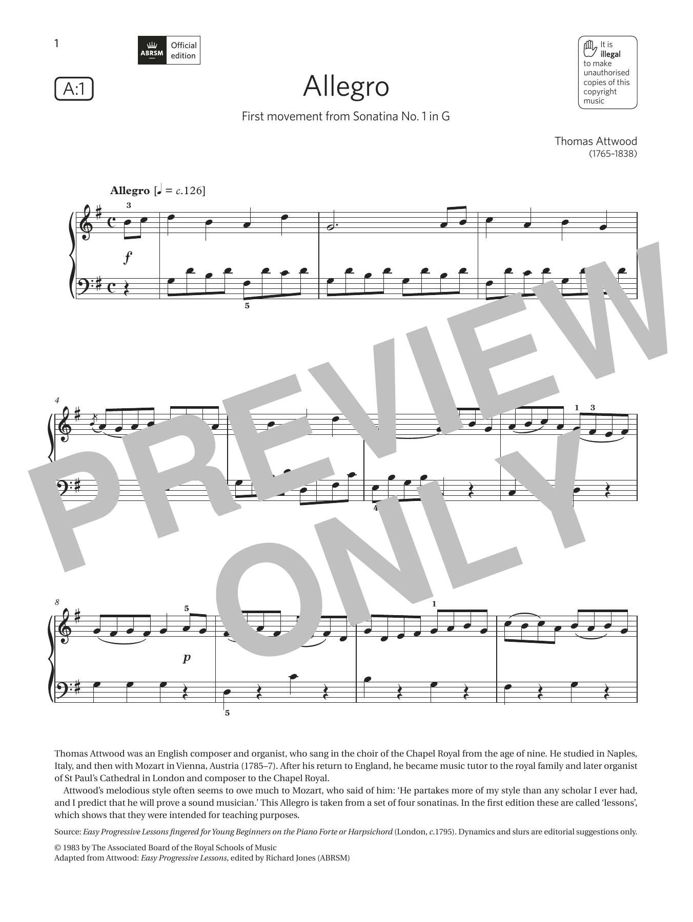 Thomas Attwood Allegro (Grade 2, list A1, from the ABRSM Piano Syllabus 2021 & 2022) Sheet Music & Chords for Piano Solo - Download or Print PDF