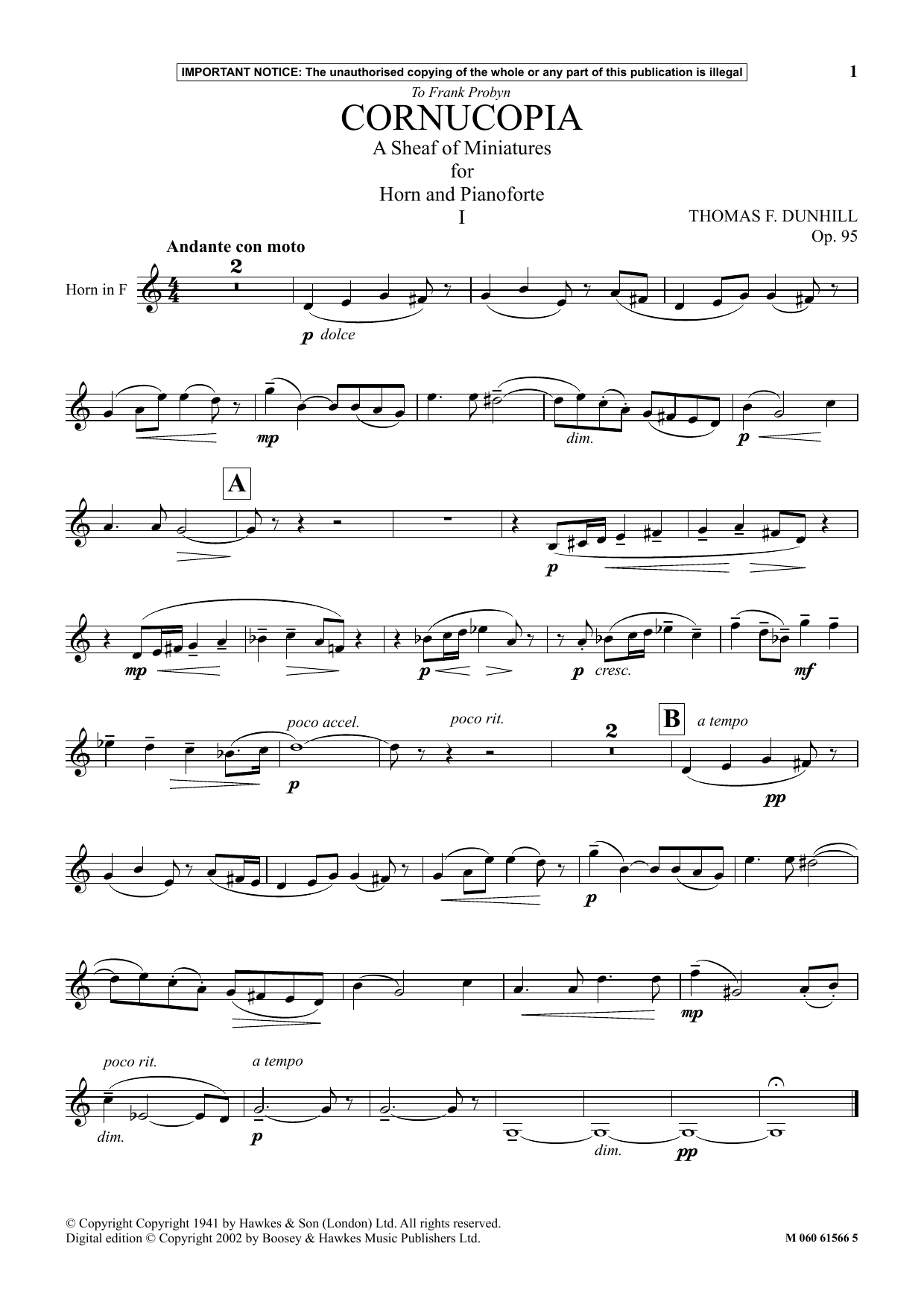 Thomas F. Dunhill Cornucopia - A Sheaf Of Miniatures For Horn And Pianoforte (I) Sheet Music & Chords for Instrumental Solo - Download or Print PDF