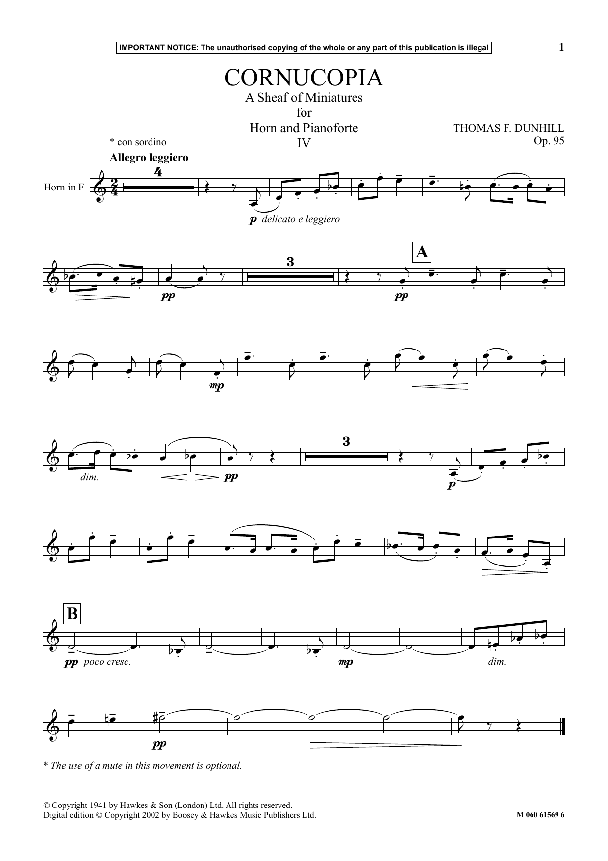 Thomas F. Dunhill Cornucopia - A Sheaf Of Miniatures For Horn And Pianoforte (IV) Sheet Music & Chords for Instrumental Solo - Download or Print PDF