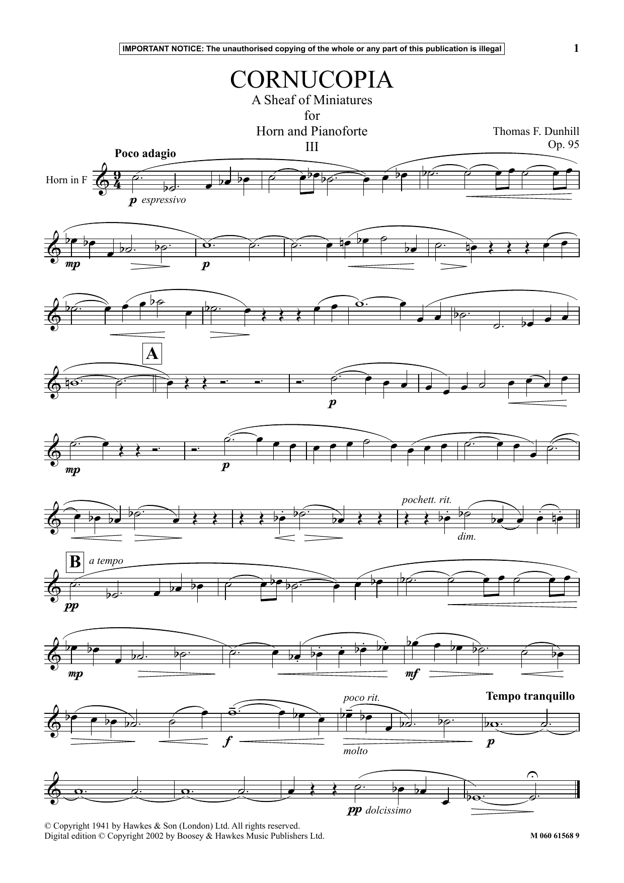 Thomas F. Dunhill Cornucopia- A Sheaf Of Miniatures For Horn And Pianoforte (III) Sheet Music & Chords for Instrumental Solo - Download or Print PDF