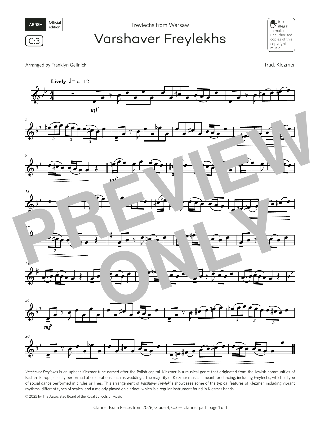 Trad. Klezmer Varshaver Freylekhs (Grade 4, list C3, from the ABRSM Clarinet Syllabus from 2026) Sheet Music & Chords for Clarinet Solo - Download or Print PDF