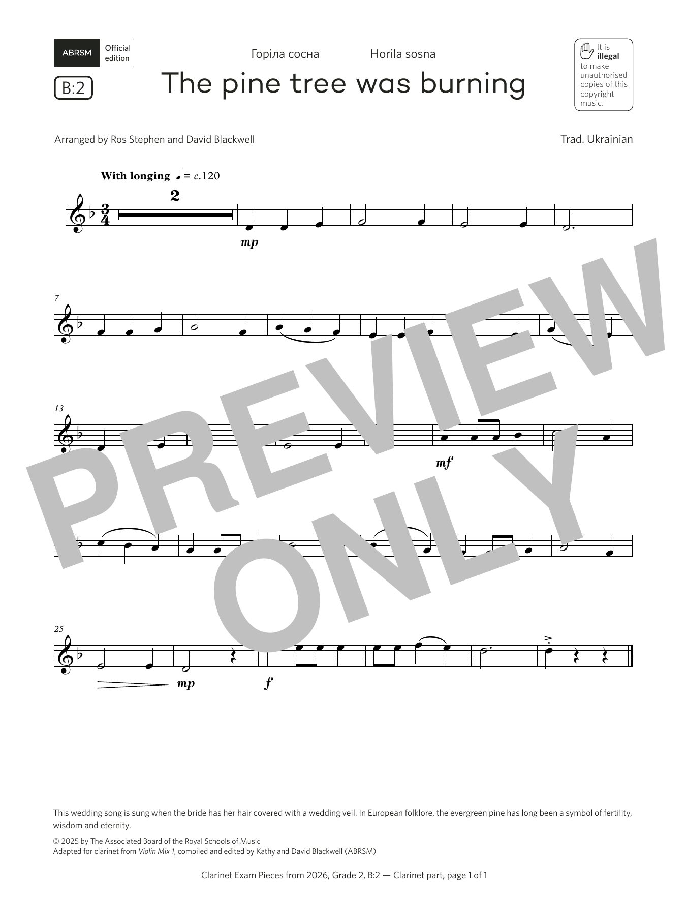 Trad. Ukrainian The pine tree was burning (Grade 2, list B2, from the ABRSM Clarinet Syllabus from 2026) Sheet Music & Chords for Clarinet Solo - Download or Print PDF