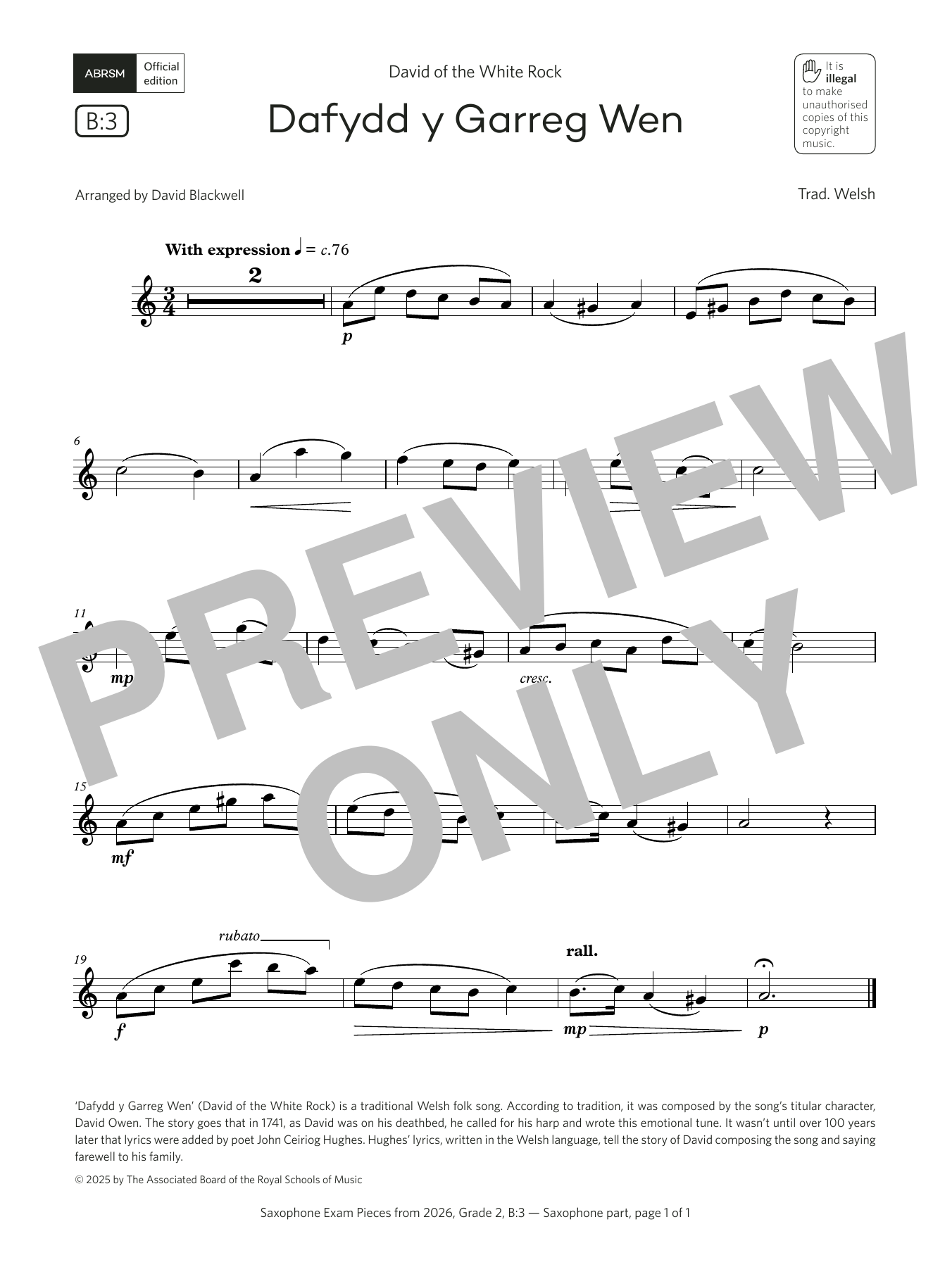 Trad. Welsh Dafydd y Garreg Wen (Grade 2, list B3, from the ABRSM Saxophone Syllabus from 2026) Sheet Music & Chords for Alto Sax Solo - Download or Print PDF
