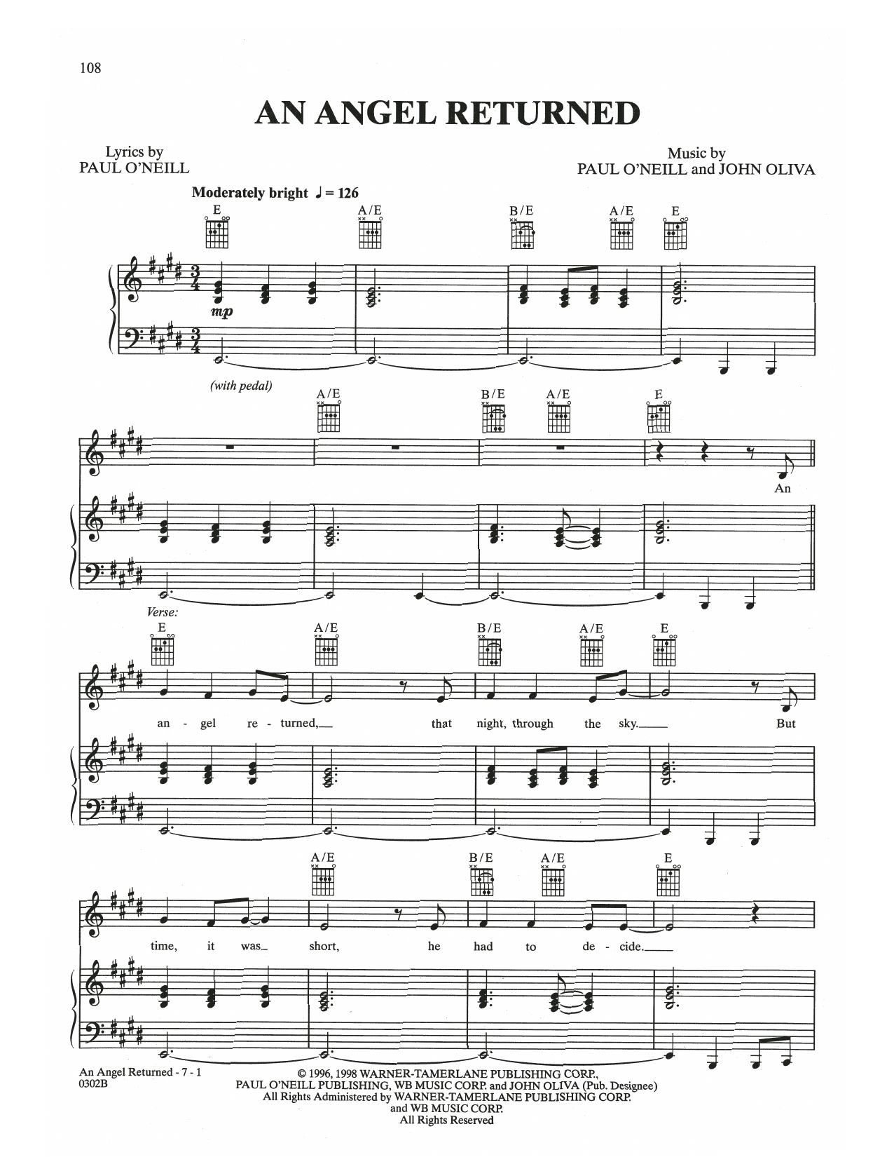Trans-Siberian Orchestra An Angel Returned Sheet Music & Chords for Piano, Vocal & Guitar (Right-Hand Melody) - Download or Print PDF