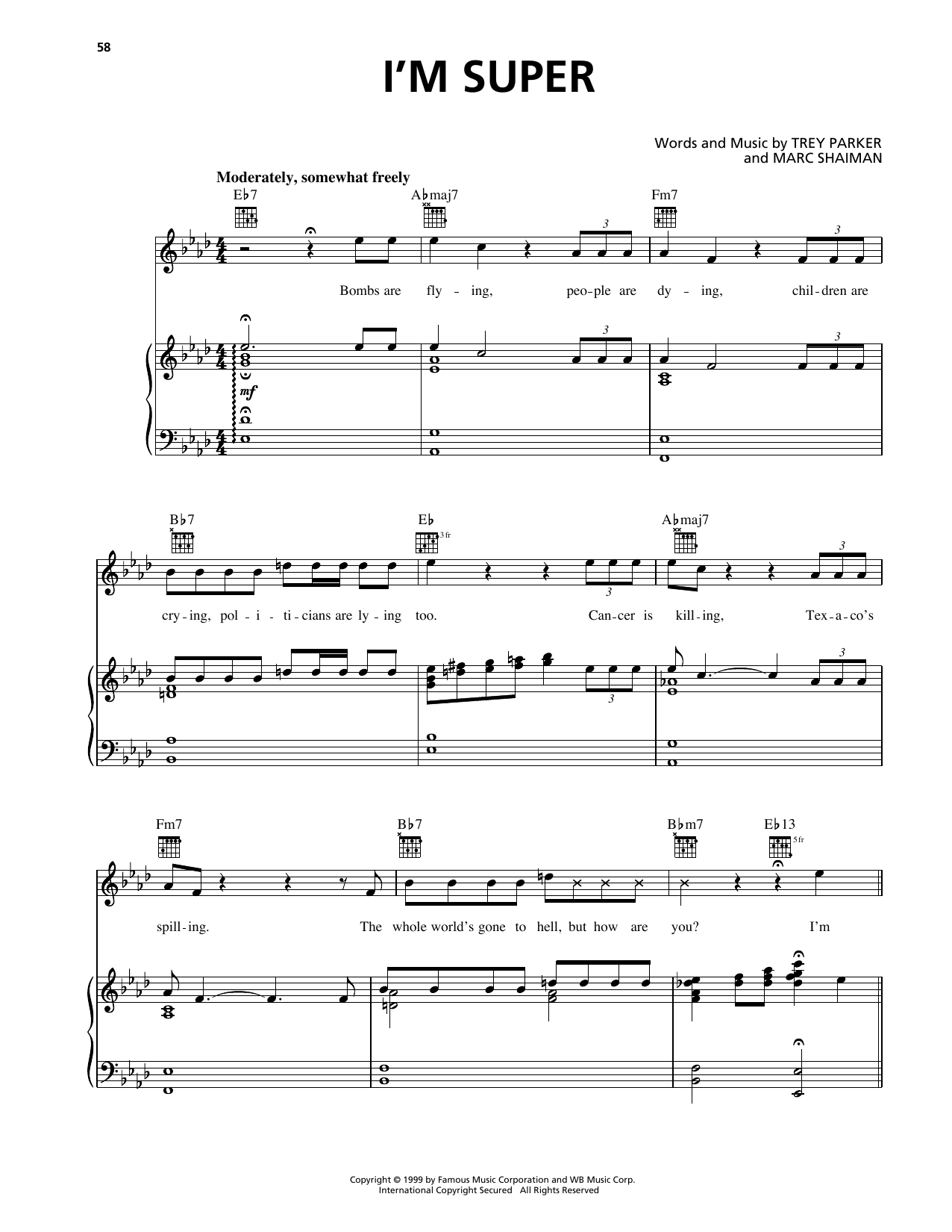 Trey Parker I'm Super (from South Park) Sheet Music Notes & Chords for Piano, Vocal & Guitar Chords (Right-Hand Melody) - Download or Print PDF Trey Parker I'm Super (from South Park) Sheet Music & Chords for Piano, Vocal & Guitar Chords (Right-Hand Melody) - Download or Print PDF