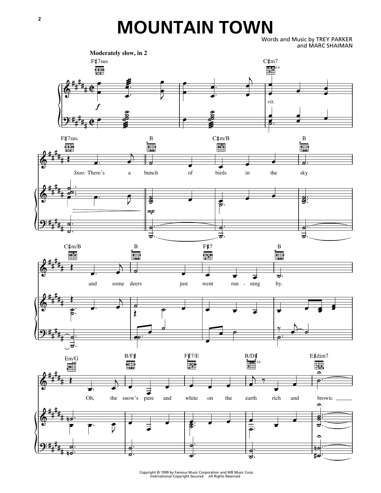 Trey Parker Mountain Town (from South Park) Sheet Music Notes & Chords for Piano, Vocal & Guitar Chords (Right-Hand Melody) - Download or Print PDF Trey Parker Mountain Town (from South Park) Sheet Music & Chords for Piano, Vocal & Guitar Chords (Right-Hand Melody) - Download or Print PDF