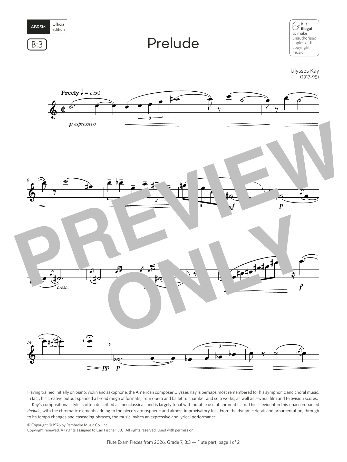 Ulysses Kay Prelude (Grade 7, list B3, from the ABRSM Flute Syllabus from 2026) Sheet Music & Chords for Flute Solo - Download or Print PDF
