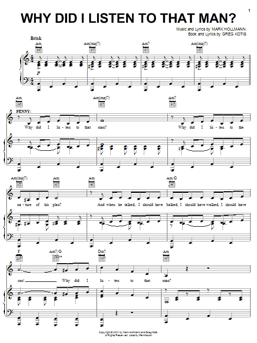 Urinetown (Musical) Why Did I Listen To That Man? Sheet Music & Chords for Piano, Vocal & Guitar (Right-Hand Melody) - Download or Print PDF