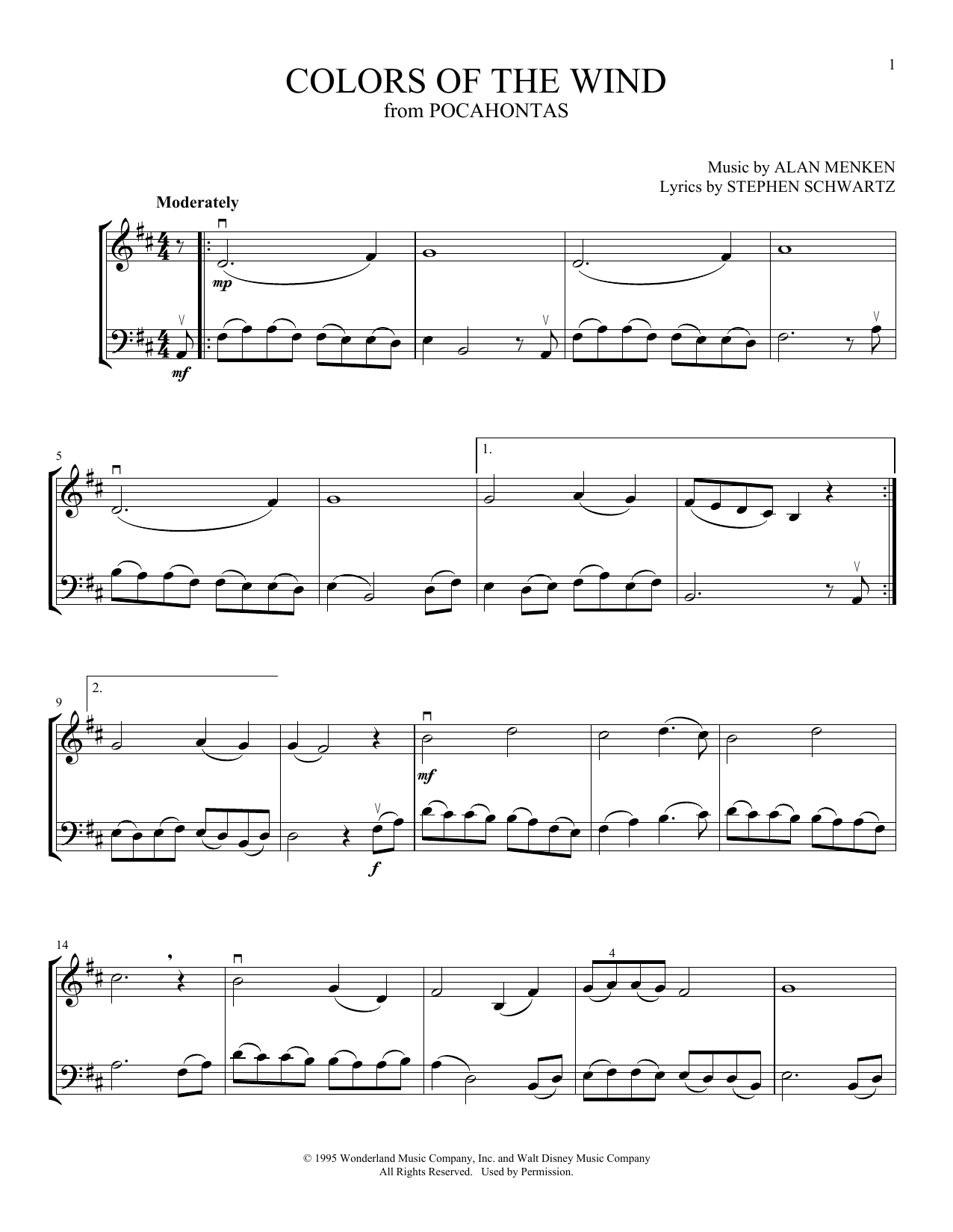 Vanessa Williams Colors Of The Wind (from Pocahontas) (arr. Michelle Hynson) Sheet Music & Chords for Instrumental Duet - Download or Print PDF
