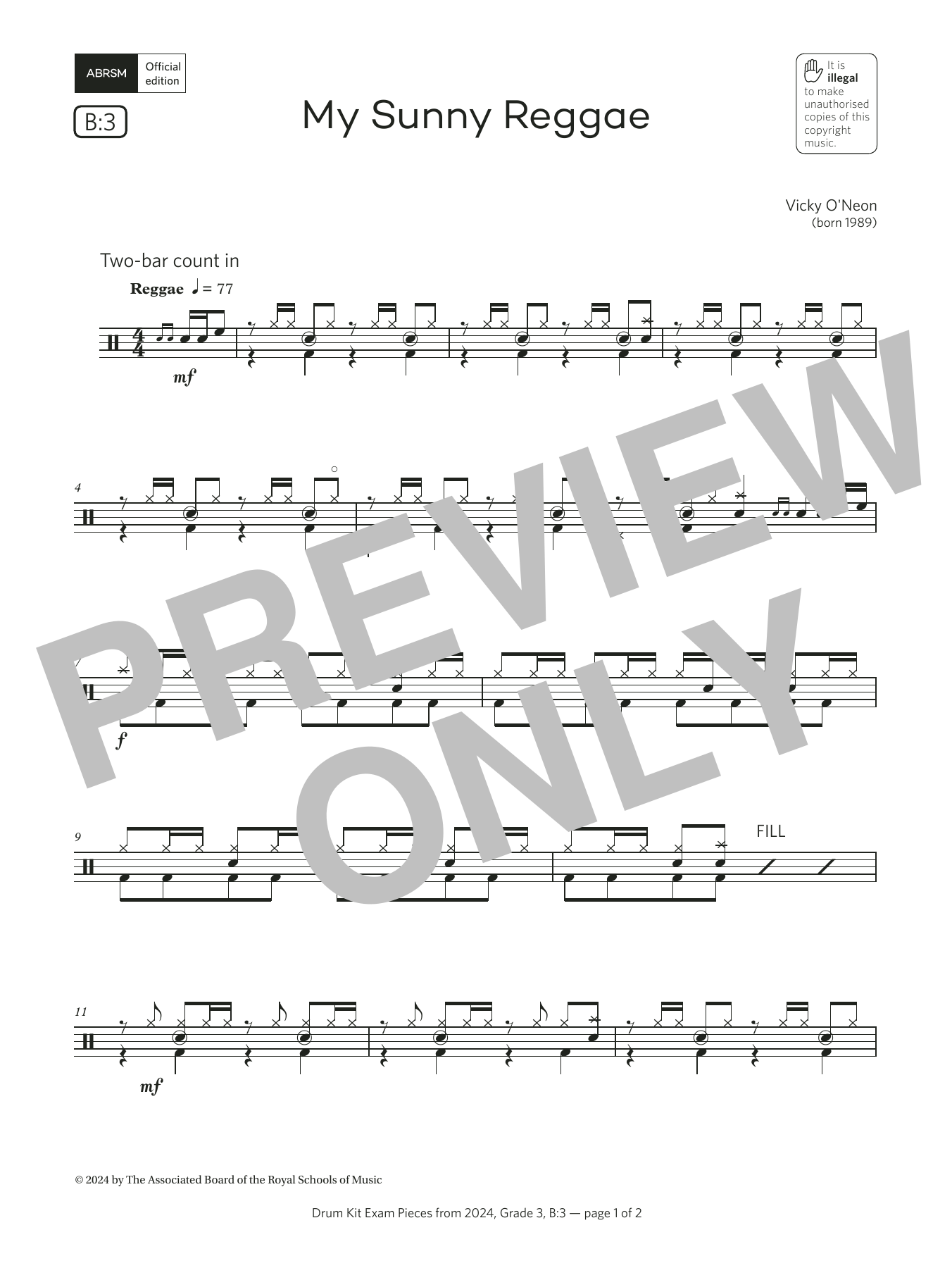 Vicky O'Neon My Sunny Reggae (Grade 3, list B3, from the ABRSM Drum Kit Syllabus 2024) Sheet Music & Chords for Drums - Download or Print PDF
