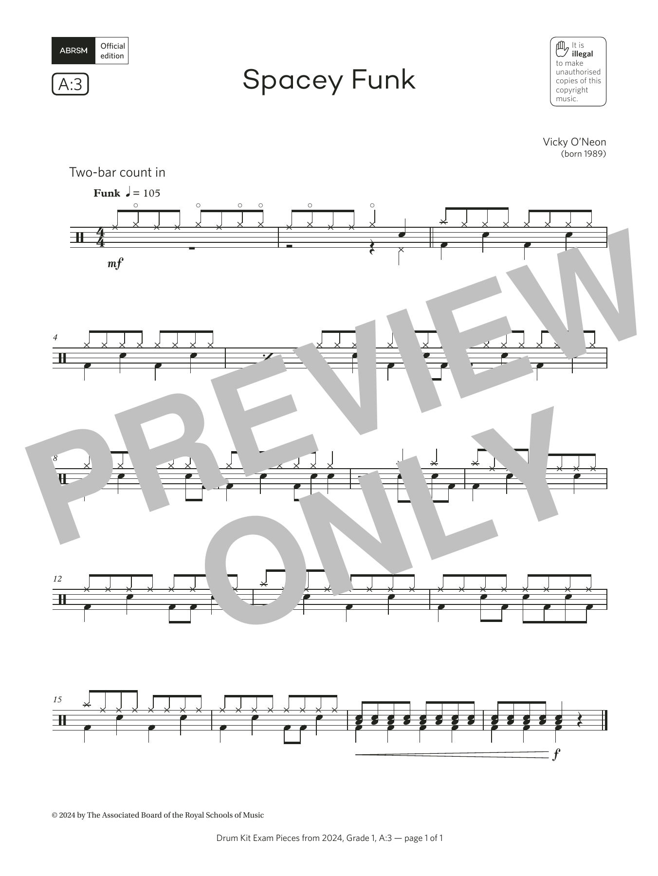 Vicky O'Neon Spacey Funk (Grade 1, list A3, from the ABRSM Drum Kit Syllabus 2024) Sheet Music & Chords for Drums - Download or Print PDF
