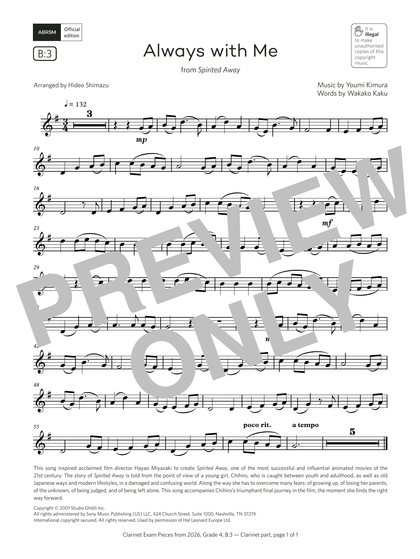 Wakako Kaku Always with Me (Grade 4, list B3, from the ABRSM Clarinet Syllabus from 2026) Sheet Music & Chords for Clarinet Solo - Download or Print PDF