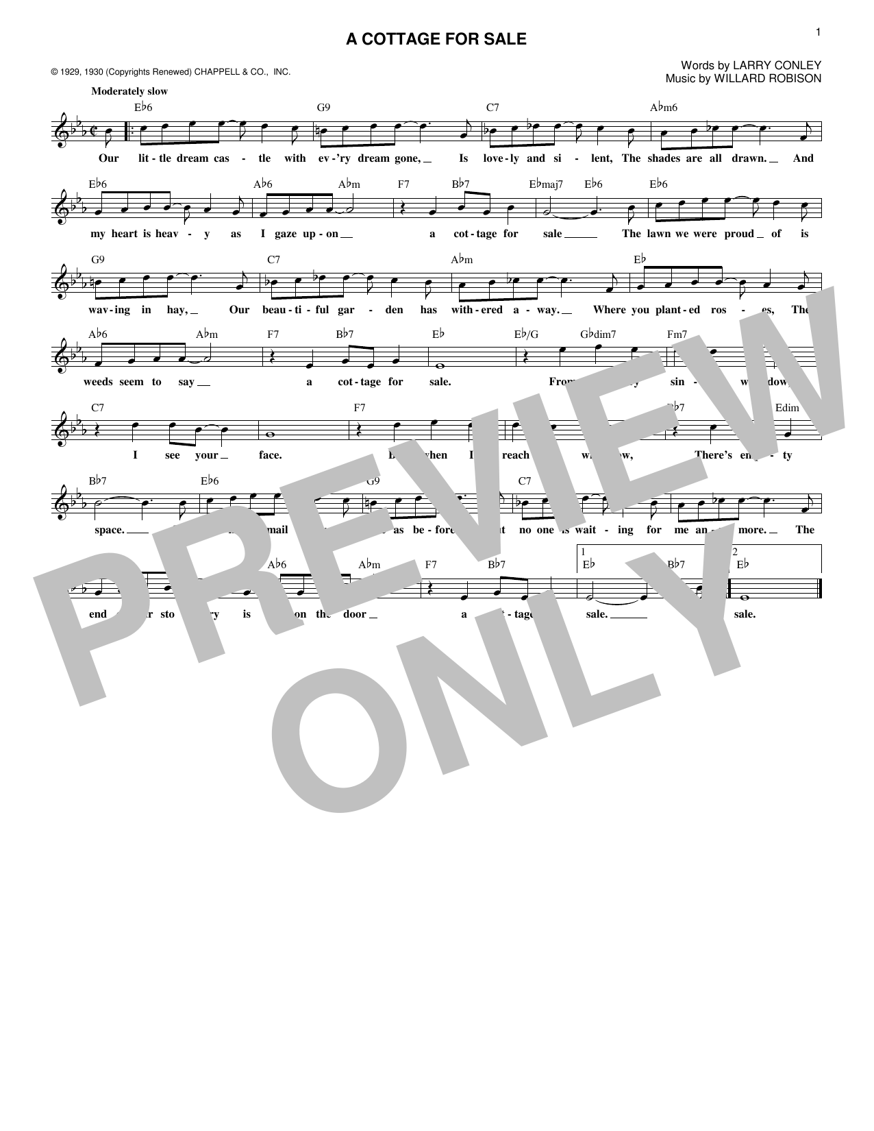 Willard Robison A Cottage For Sale Sheet Music & Chords for Melody Line, Lyrics & Chords - Download or Print PDF