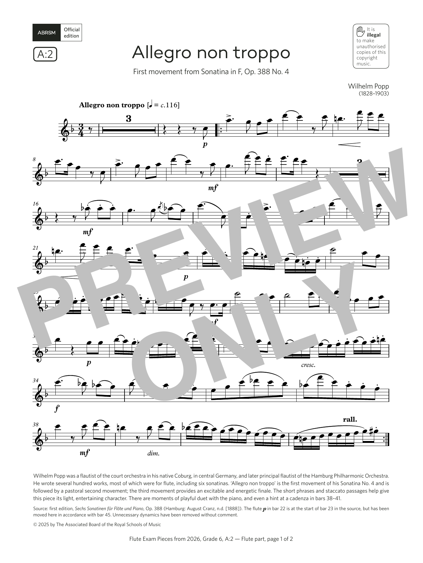 William Popp Allegro non troppo (Grade 6, list A2, from the ABRSM Flute Syllabus from 2026) Sheet Music & Chords for Flute Solo - Download or Print PDF