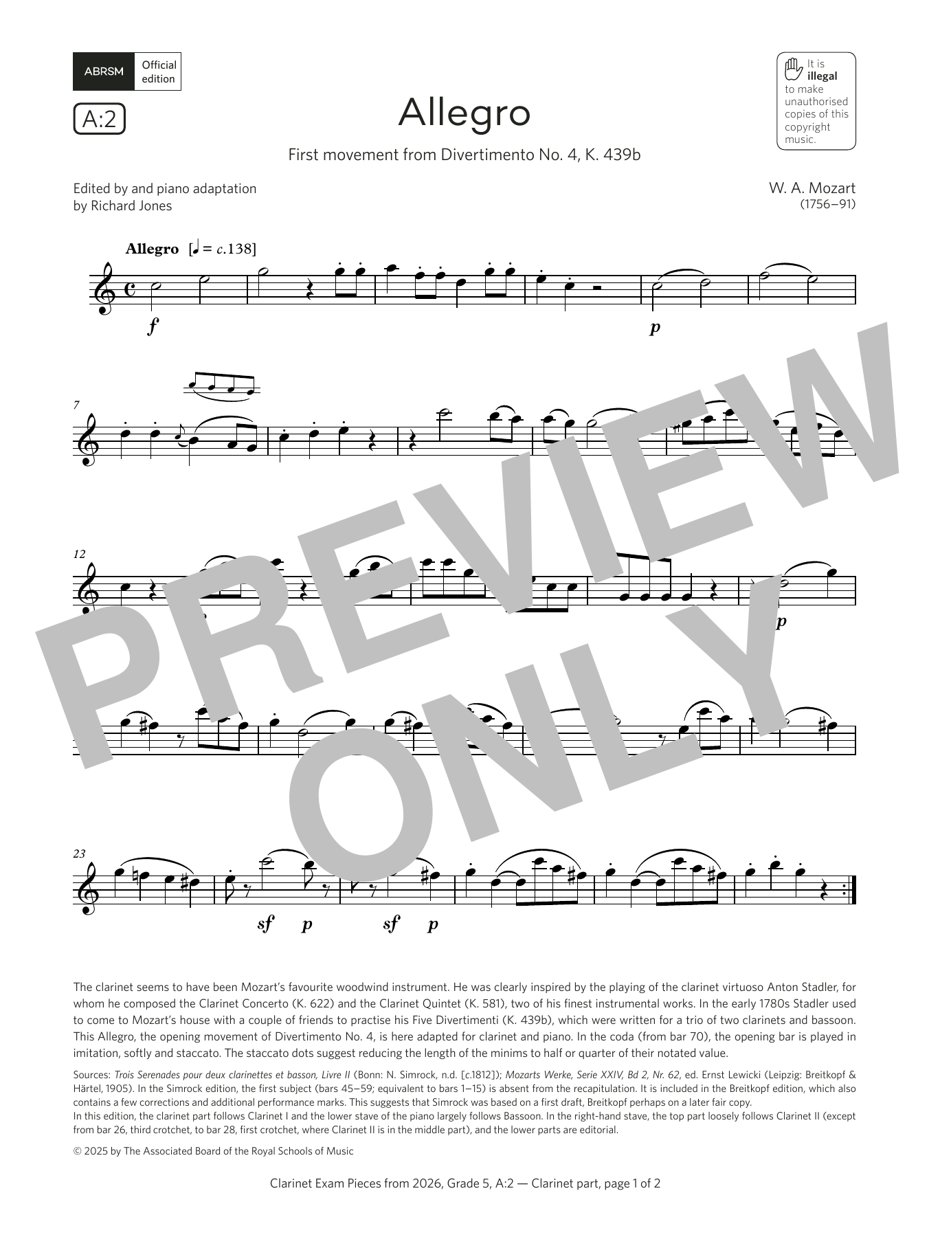 Wolfgang Amadeus Mozart Allegro (Grade 5, list A2, from the ABRSM Clarinet Syllabus from 2026) Sheet Music & Chords for Clarinet Solo - Download or Print PDF