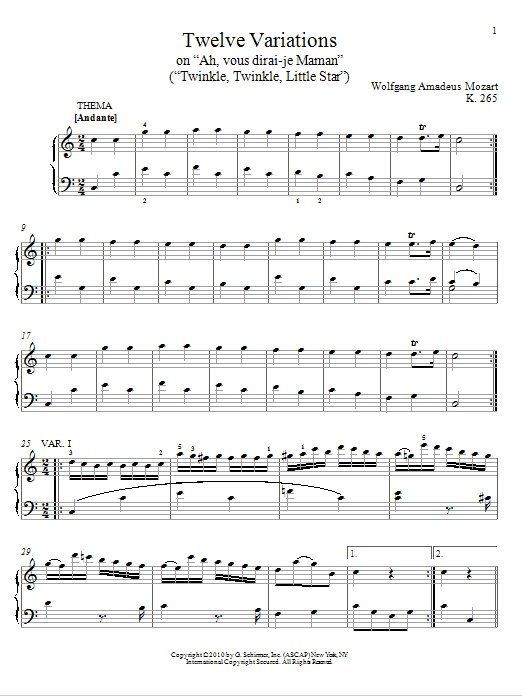 Wolfgang Amadeus Mozart Twelve Variations on Ah, Vous Dirai-je Maman, K. 265 (Twinkle, Twinkle, Little Star) Sheet Music & Chords for Piano - Download or Print PDF
