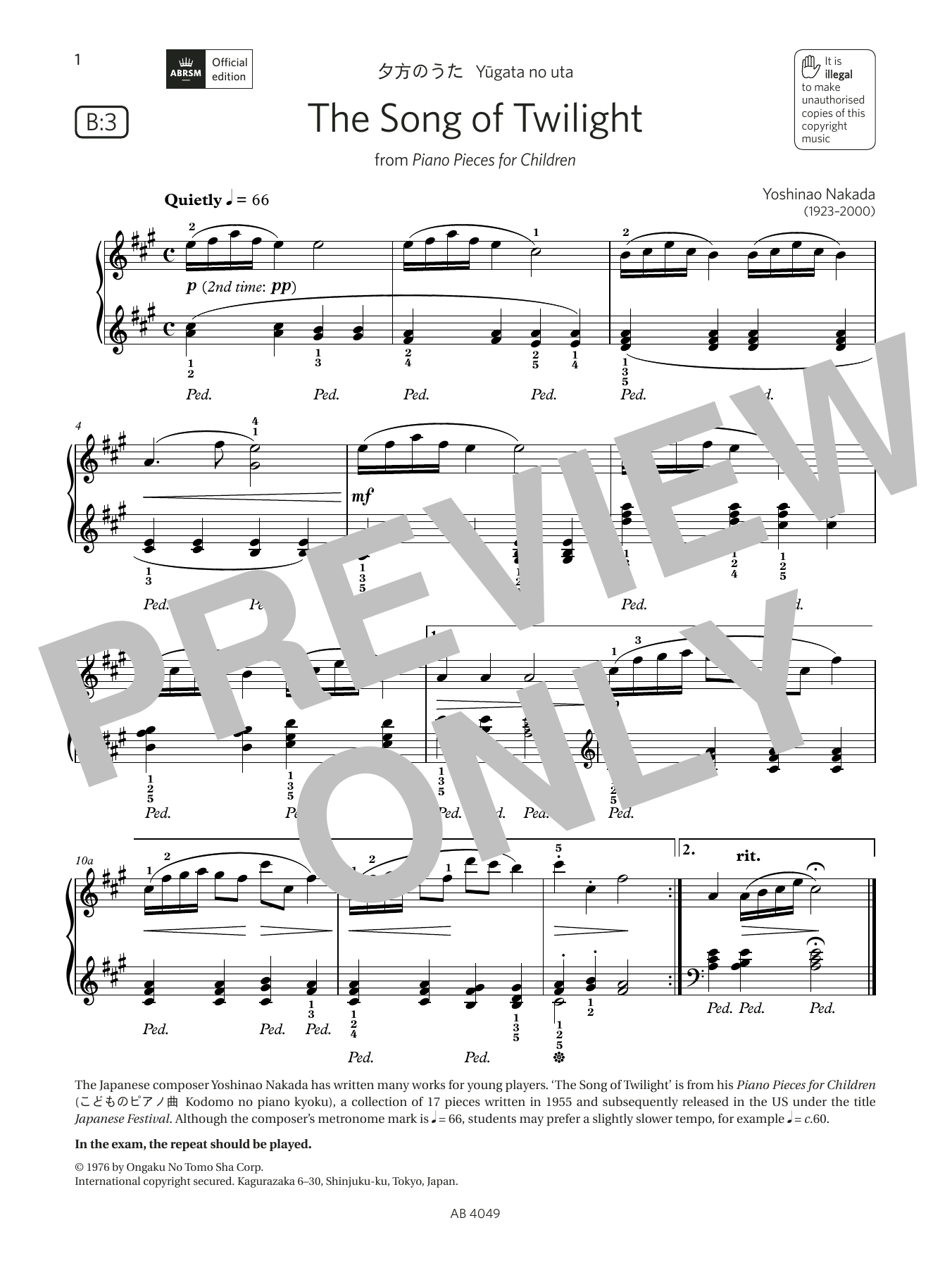 Yoshinao Nakada The Song of Twilight (Grade 3, list B3, from the ABRSM Piano Syllabus 2023 & 2024) Sheet Music & Chords for Piano Solo - Download or Print PDF