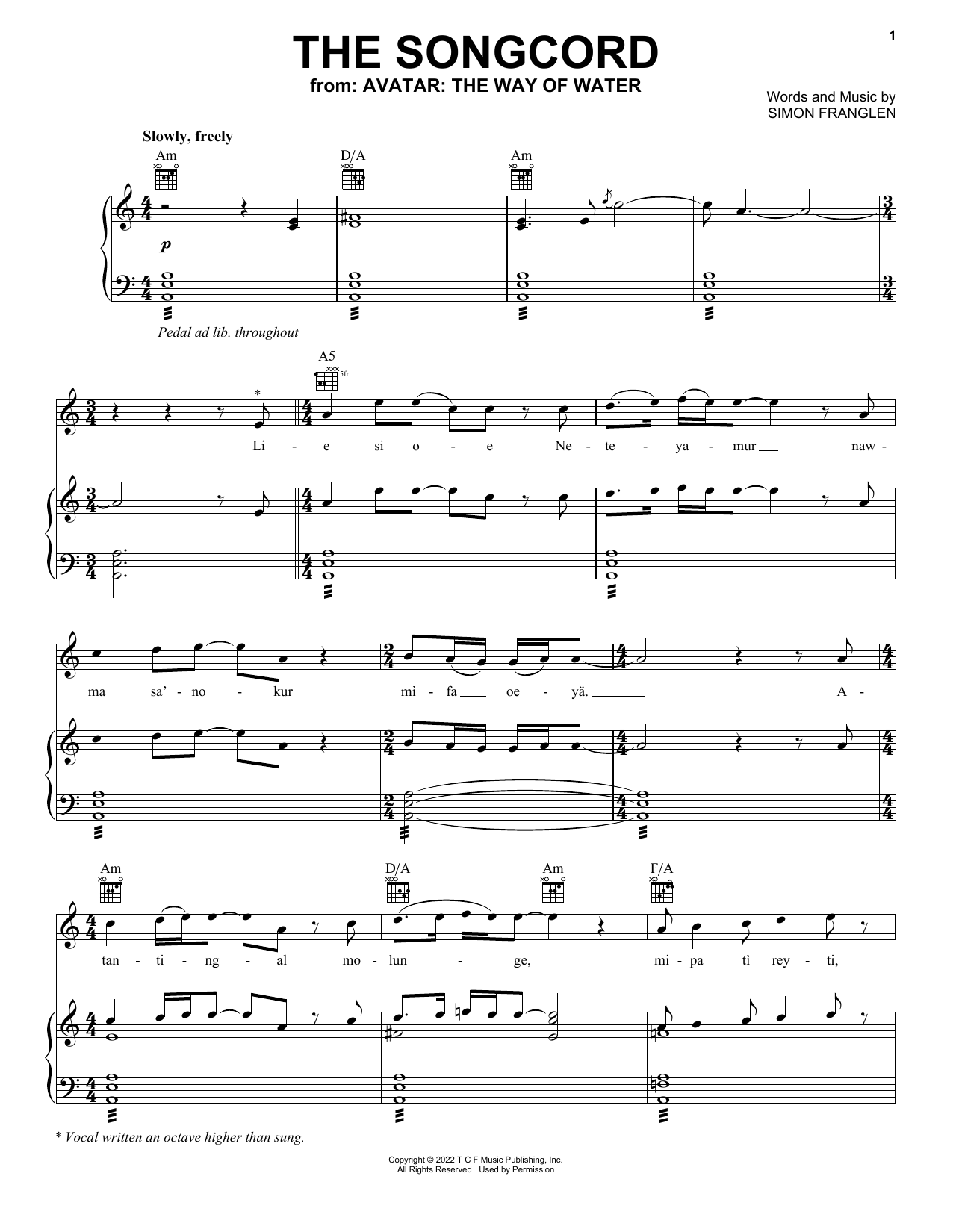 Zoe Saldana The Songcord (from Avatar: The Way Of Water) Sheet Music & Chords for Piano, Vocal & Guitar Chords (Right-Hand Melody) - Download or Print PDF