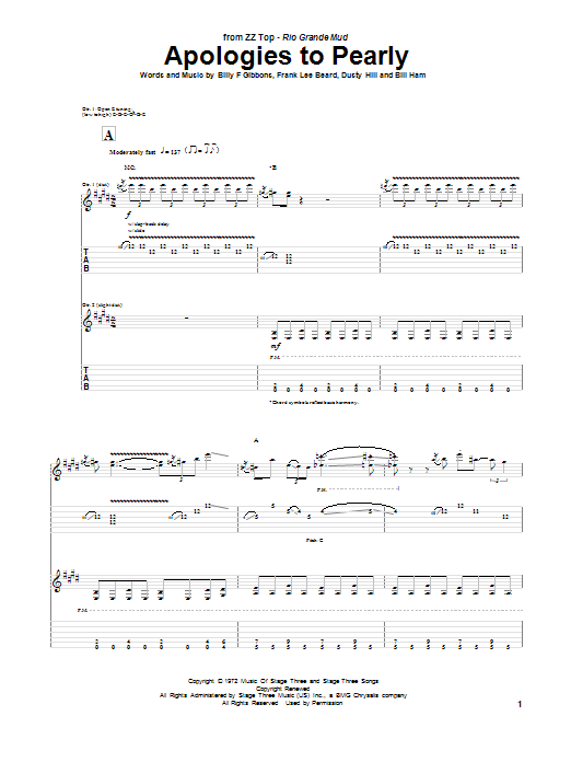 ZZ Top Apologies To Pearly Sheet Music & Chords for Guitar Tab - Download or Print PDF