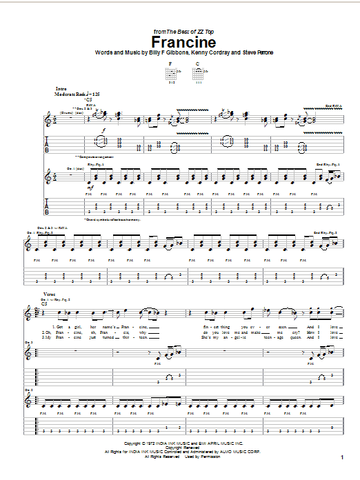 ZZ Top Francine Sheet Music & Chords for Easy Guitar Tab - Download or Print PDF