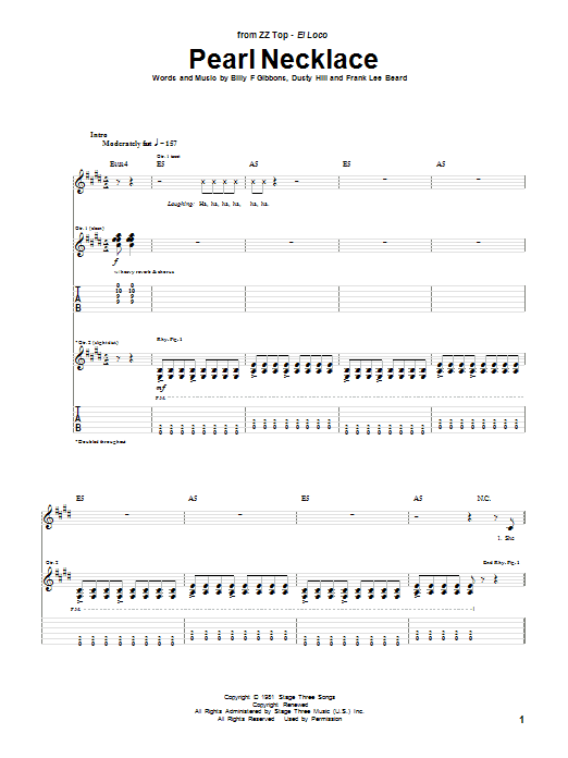 ZZ Top Pearl Necklace Sheet Music & Chords for Guitar Tab - Download or Print PDF