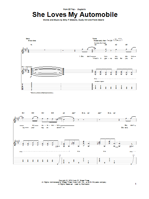 ZZ Top She Loves My Automobile Sheet Music & Chords for Guitar Tab - Download or Print PDF