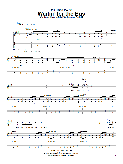 ZZ Top Waitin' For The Bus Sheet Music & Chords for Guitar Tab - Download or Print PDF