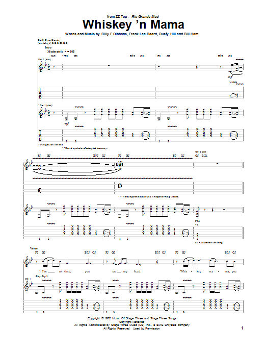 ZZ Top Whiskey 'N Mama Sheet Music & Chords for Guitar Tab - Download or Print PDF
