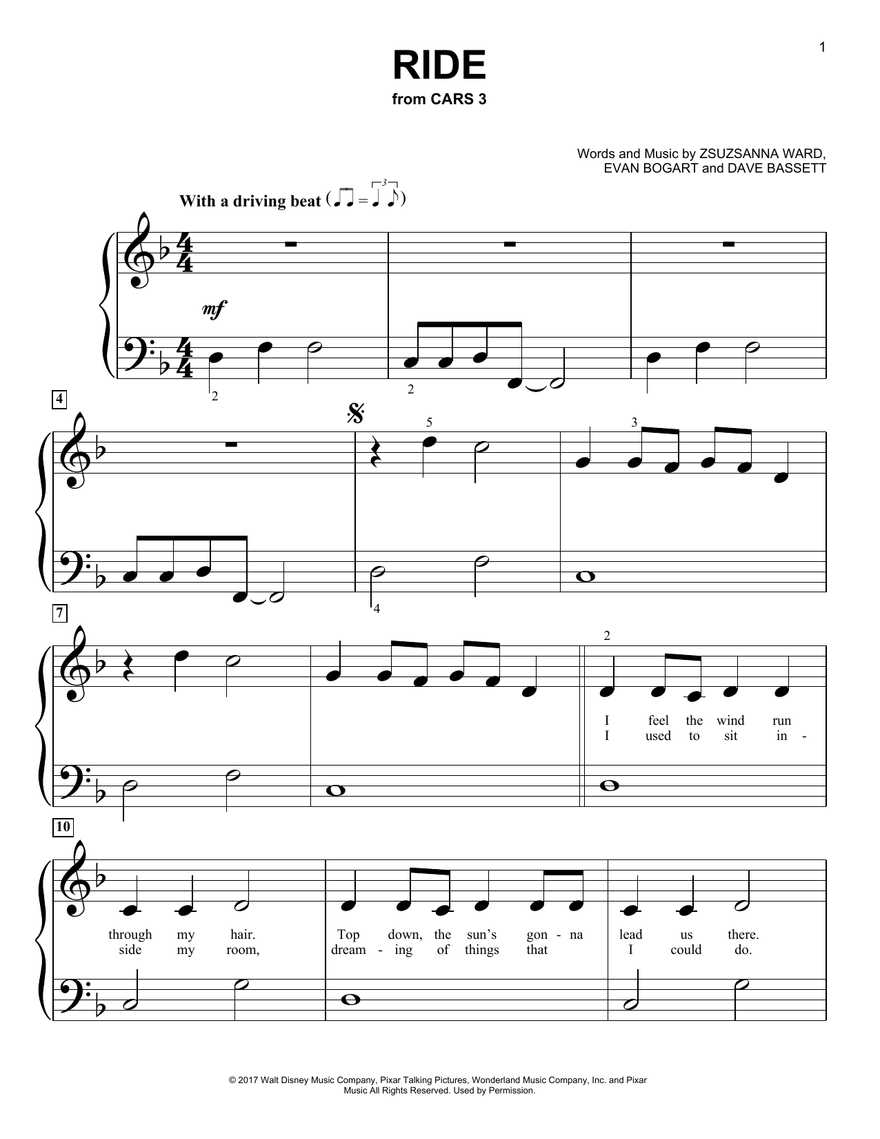 ZZ Ward featuring Gary Clark Jr. Ride (from Cars 3) Sheet Music & Chords for Big Note Piano - Download or Print PDF